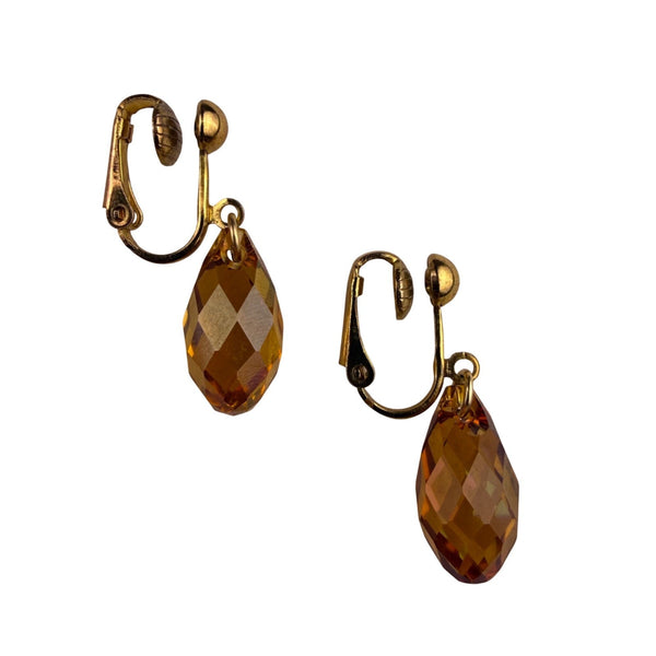 Gold Tone Womens Faceted Drop Clip-On Earrings Amber Crystal Accents 1