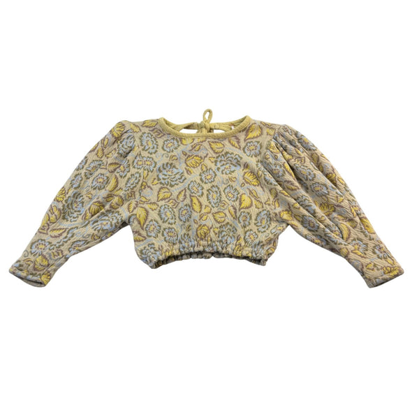 Free People Womens Yellow & Blue Cotton Floral Puff Sleeve Cropped Top Sz XS