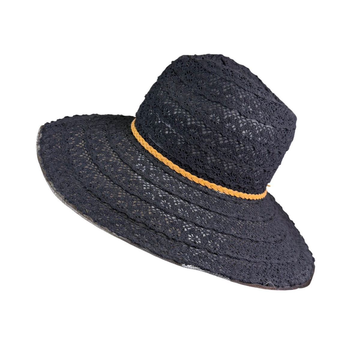 Mallory Black Womens Wide Brim Summer Hat Straw Lace Design Foldable Braided