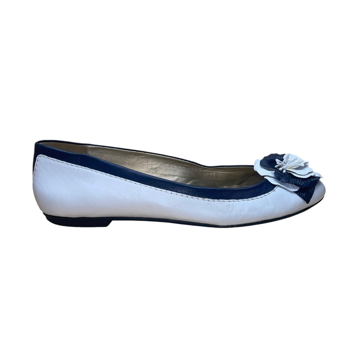 FS/NY Women’s White & Navy Leather Slip-On Floral Accent Ballet Flats Size 9