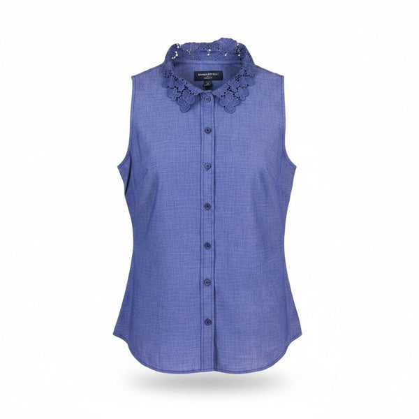 Banana Republic Womens Blue Sleeveless Lace-Collar Button Down Blouse Size 4