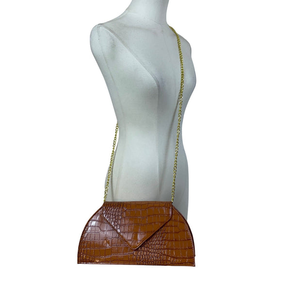 Joy & Iman Women’s Rich Cognac Crocodile-Embossed Chain Strap Clutch Sz M