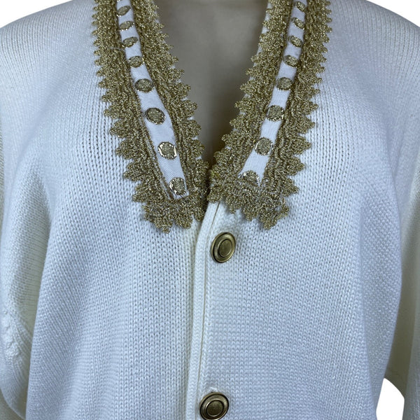 Vintage Fashioned By Pamela Hoke Gold & White Womens Knitted Cardigan