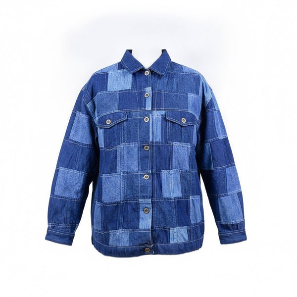 Erica Brooke Womens Blue Cotton Patchwork Jacket Denim Button Up Plus Size 24