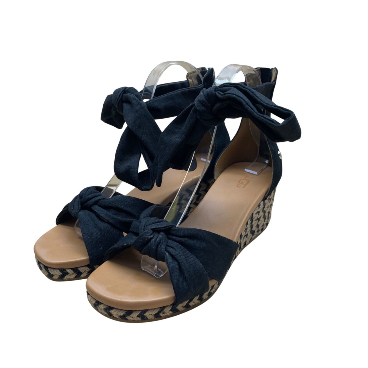 UGG Womens Black Fabric Wedge Sandals Bow Ankle Strap Espadrille Design Size 7