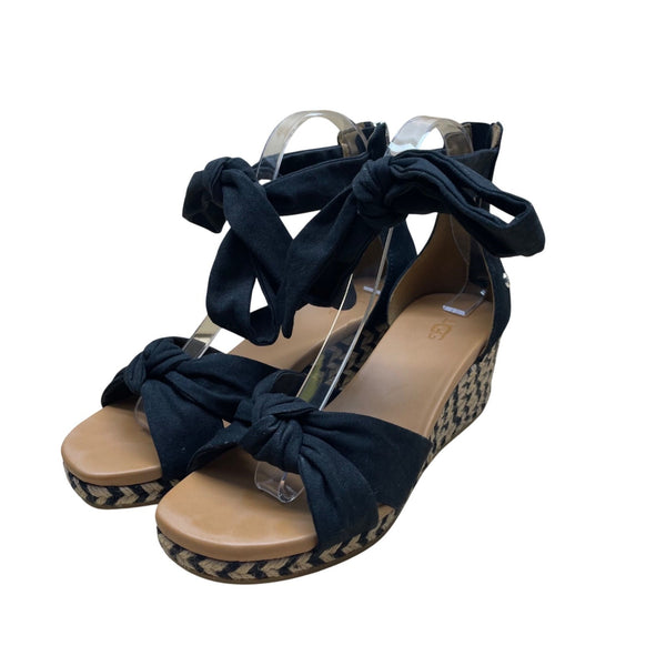 UGG Womens Black Fabric Wedge Sandals Bow Ankle Strap Espadrille Design Size 7