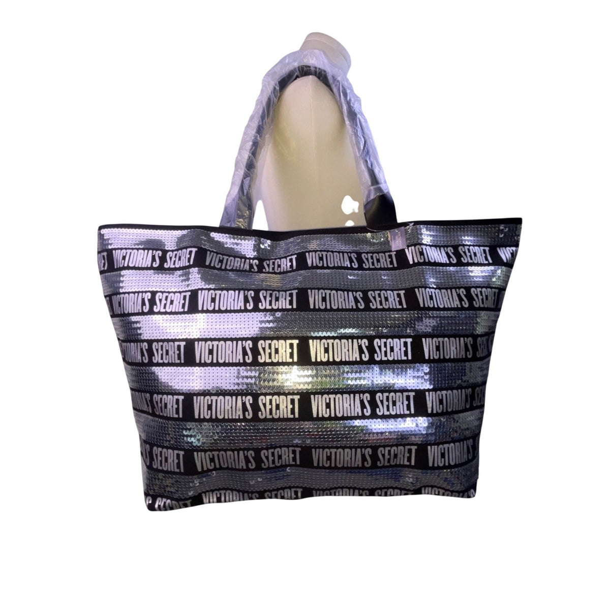Victorias Secret Women’s Black Whit Silver Sequin Logo Tote Bag & Pouch Set