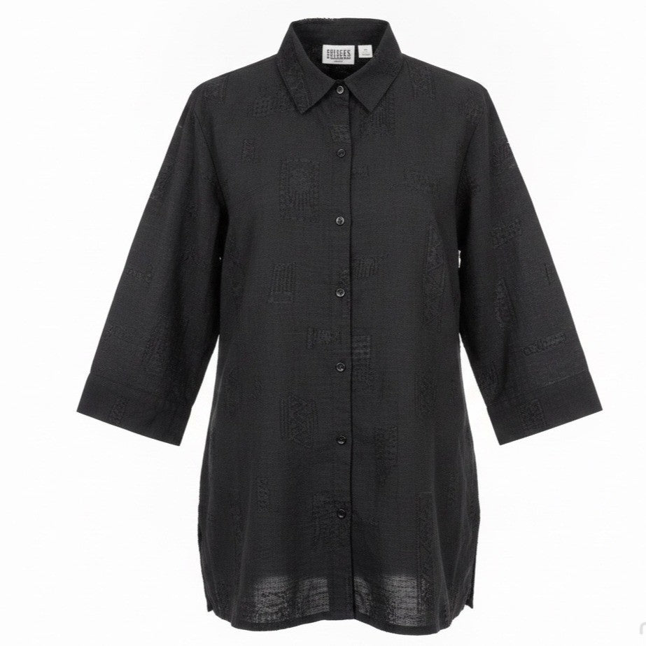 Chicos Womens Black  Button-Down Shirt 3/4 Sleeve Textured Size 2