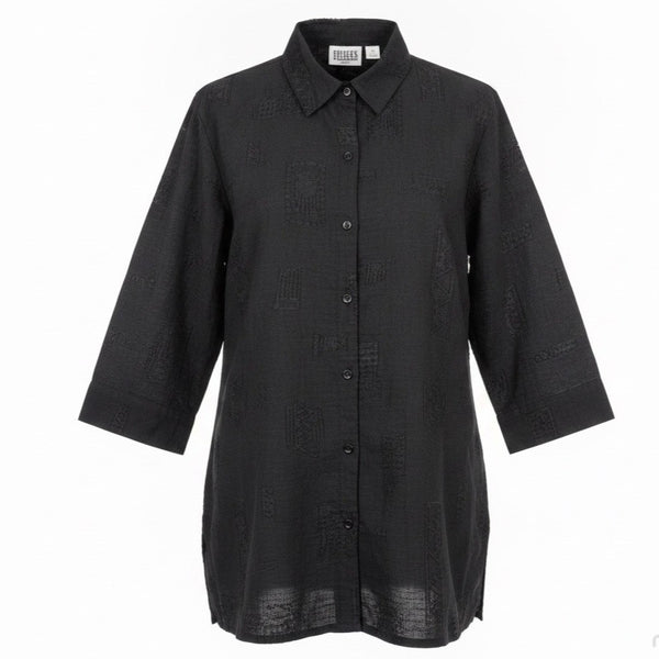Chicos Womens Black  Button-Down Shirt 3/4 Sleeve Textured Size 2