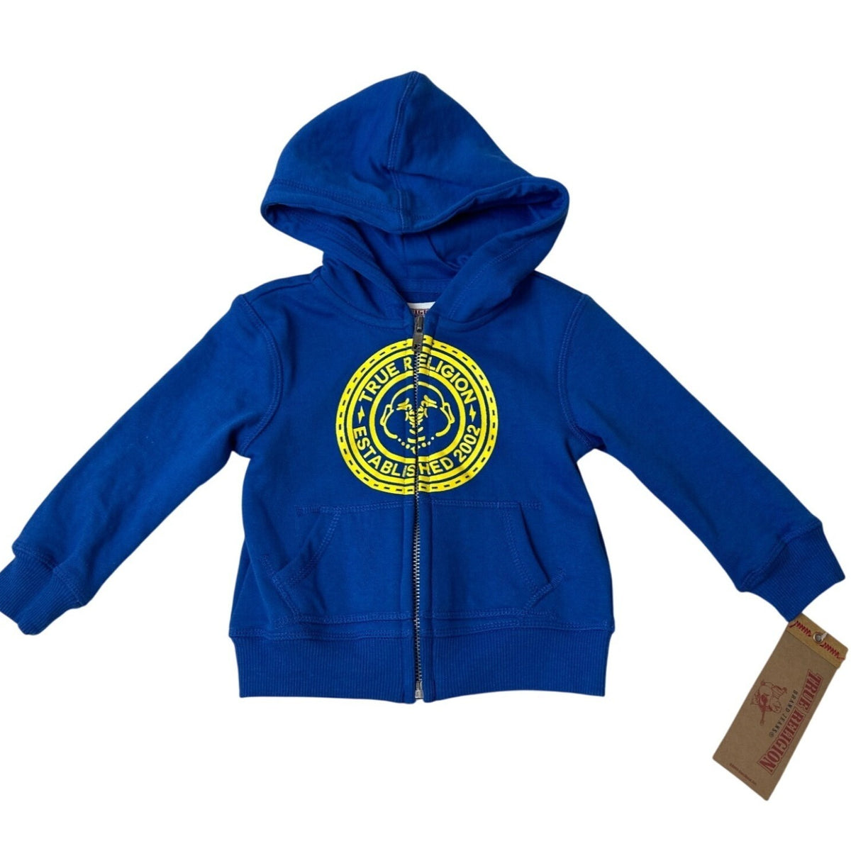 True Religion Baby Hoodie Blue Zip-Up Sweatshirt With Yellow Logo Size 12M- New