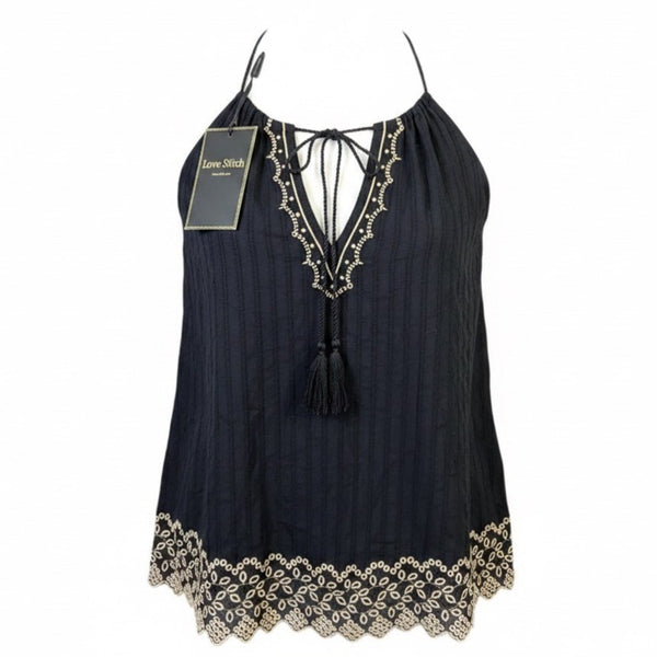 Love Stitch Womens Black Embroidered Sleeveless Halter Tank Top Size M