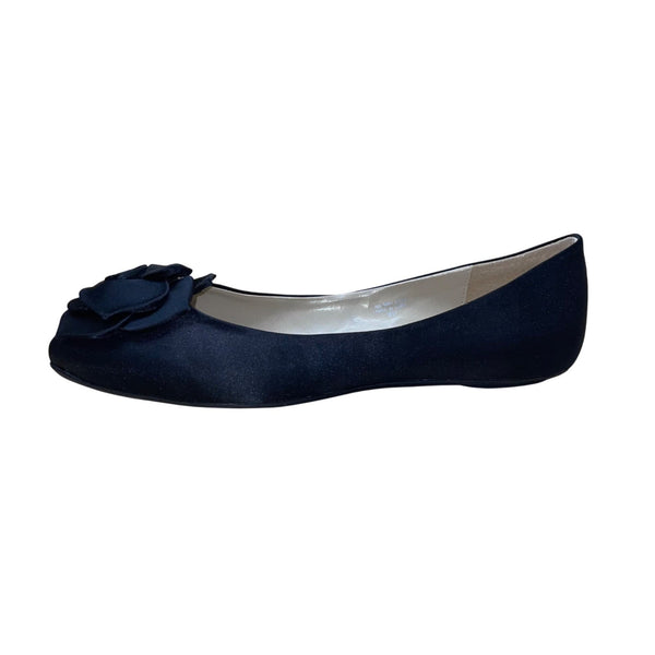 Romantic Soles Women’s Black Satin Decorative Rose Accent Geneva Flats Size 8W