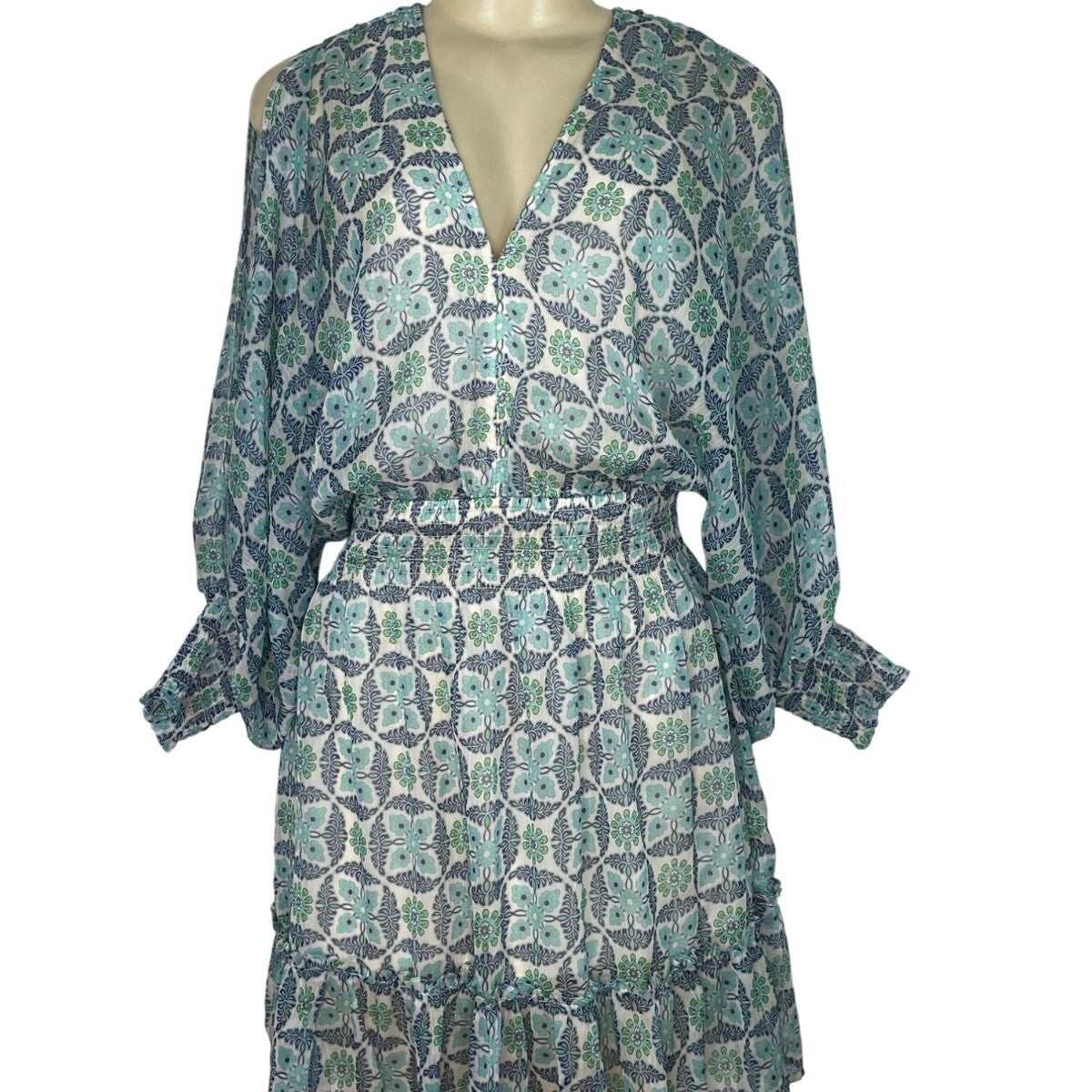Lovestitch Women’s Blue & Green Floral Print V-Neck Long Sleeve Mini Dress Sz S