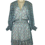 Lovestitch Women’s Blue & Green Floral Print V-Neck Long Sleeve Mini Dress Sz S