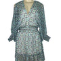 Lovestitch Women’s Blue & Green Floral Print V-Neck Long Sleeve Mini Dress Sz S