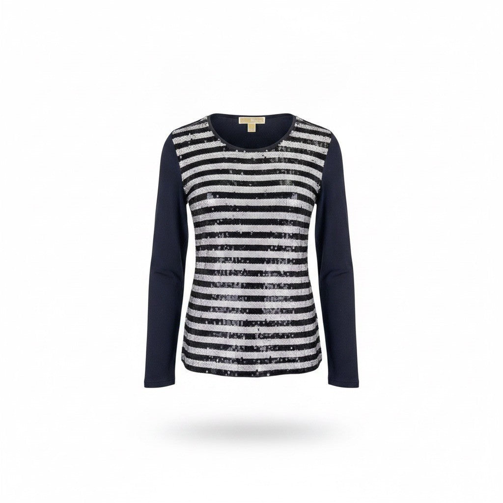 Michael Kors Womens Navy Sequin Striped Cotton & Modal Long Sleeve Top Size L