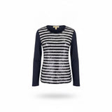 Michael Kors Womens Navy Sequin Striped Cotton & Modal Long Sleeve Top Size L