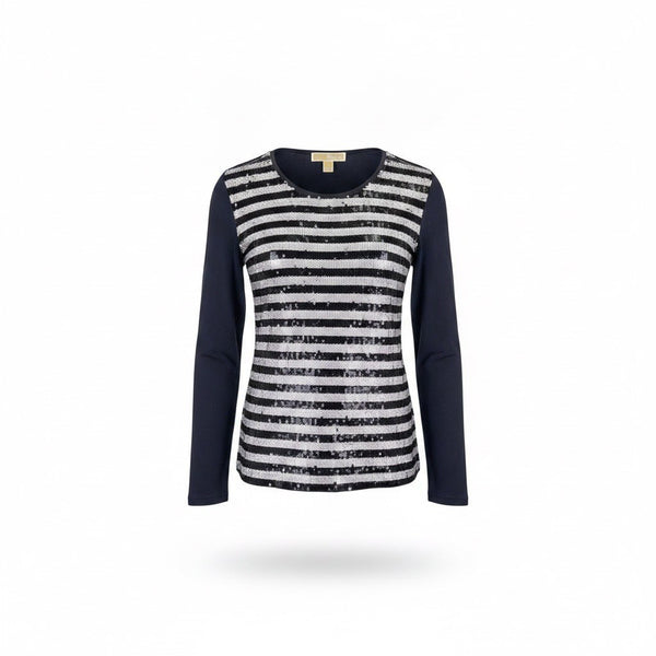 Michael Kors Womens Navy Sequin Striped Cotton & Modal Long Sleeve Top Size L