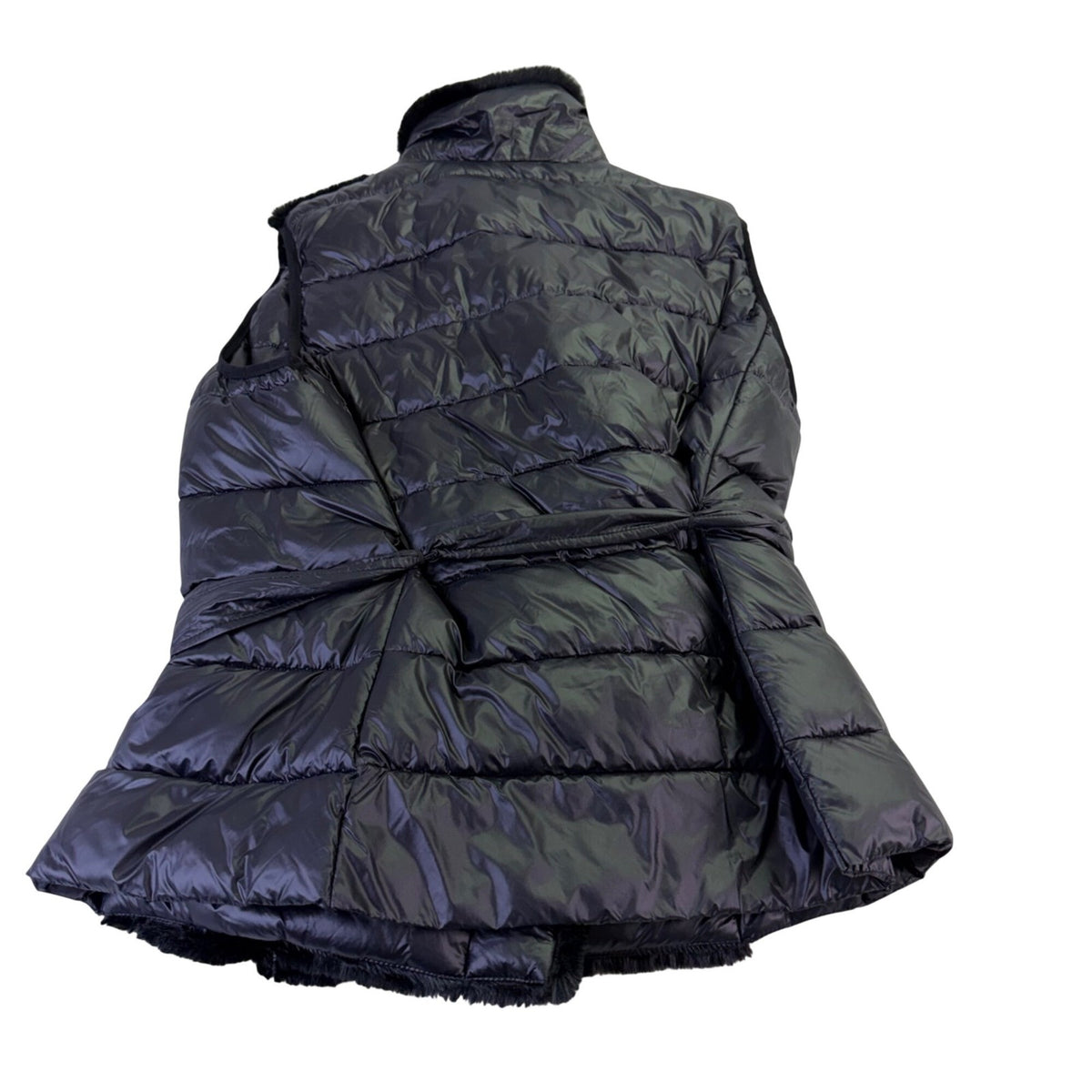 DKNY Womens Black Faux Fur & Nylon Tie-Waist Puffer Full-Zip Vest Size L