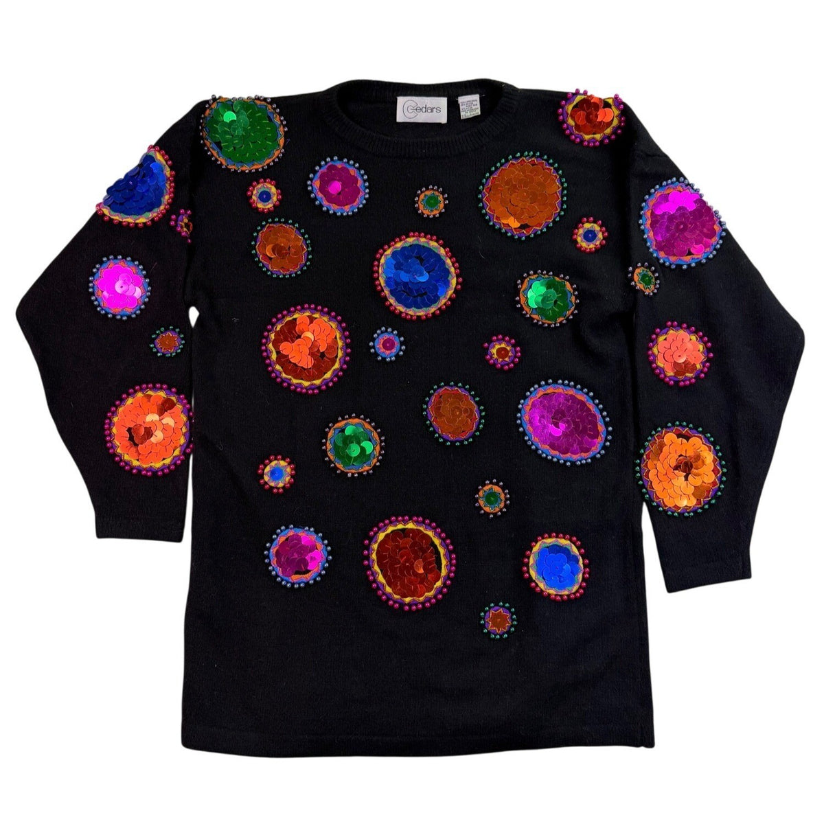 Cedars Womens Black Wool Sweater Sequin Embellished Circles Size L