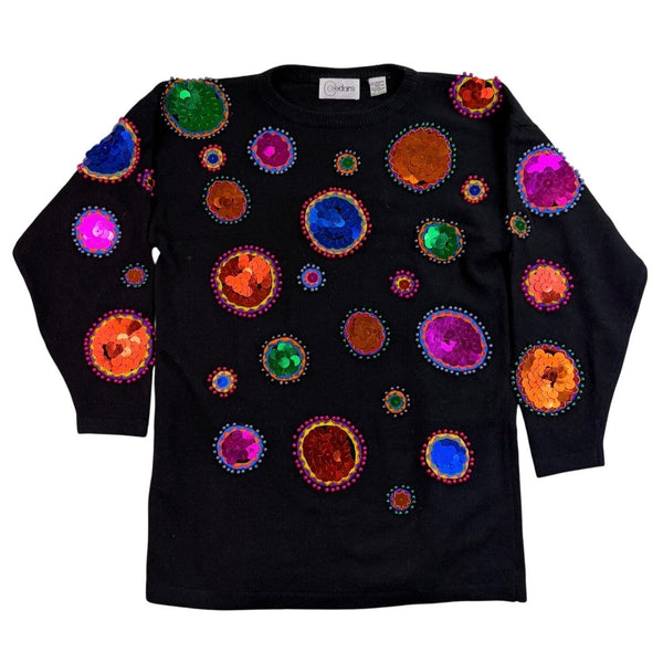 Cedars Womens Black Wool Sweater Sequin Embellished Circles Size L
