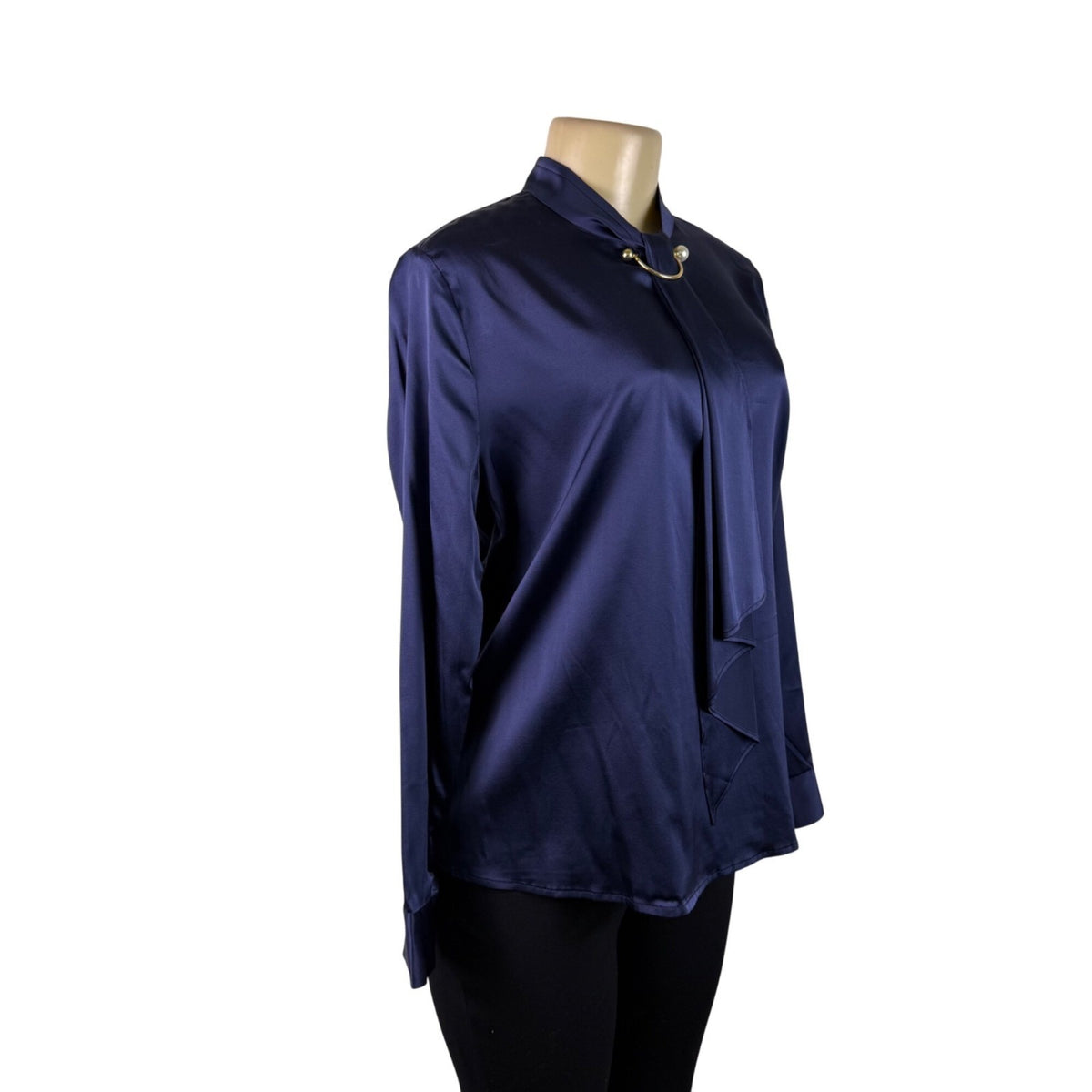 LILYSILK Womens Navy Blue Silk Long Sleeve Blouse With Tie Neck Detail Size M