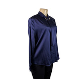 LILYSILK Womens Navy Blue Silk Long Sleeve Blouse With Tie Neck Detail Size M