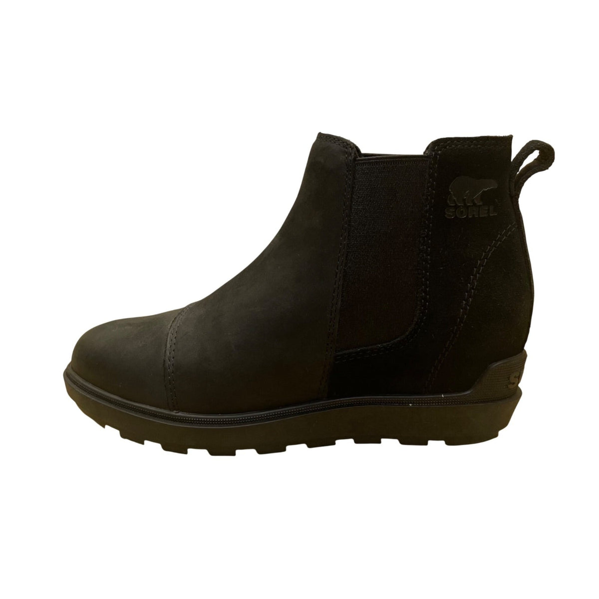 Sorel Women’s Black Suede Lug Sole Pull-On Evie ll Chelsea Boots Size 6
