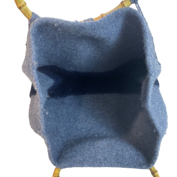 Handcrafted Women's Blue Wool Bamboo Handle Satchel Bag Sz M