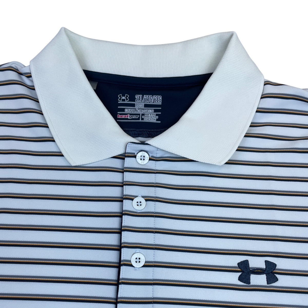 Under Armour Men's White Striped Heatgear Polo Shirt With Loose Fit Sz 2XL