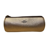 Coach Women’s Gold Metallic Leather Cylinder Zippered Makeup Bag Purse Pouch