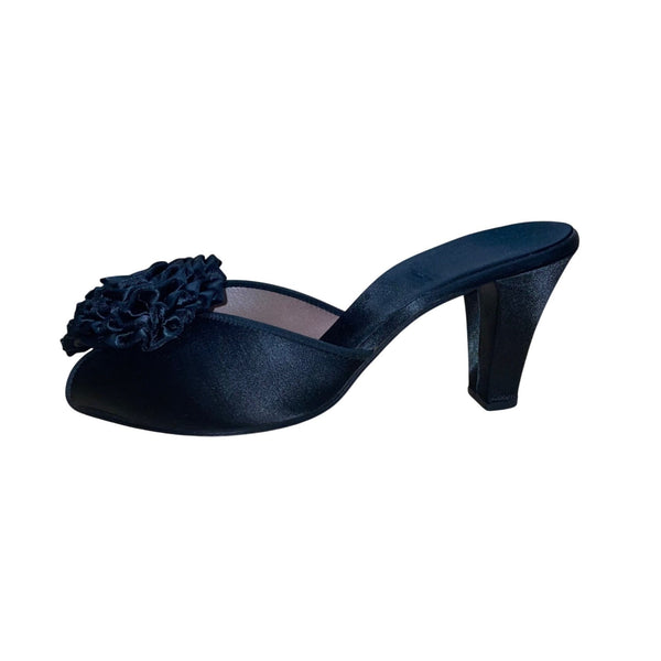 Daniel Green Women’s Black Satin Floral Detail Open-Toe Heels Slides Size 6B