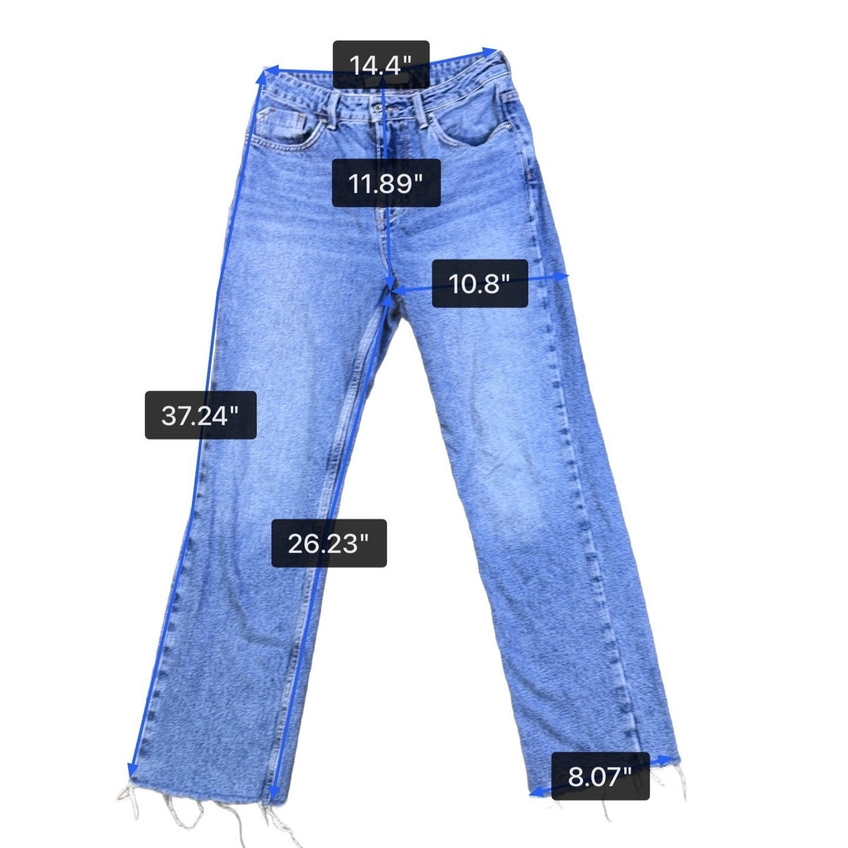 Zara Womens Blue Cotton Straight Leg Frayed Hem Jeans High Waist Denim Size 6
