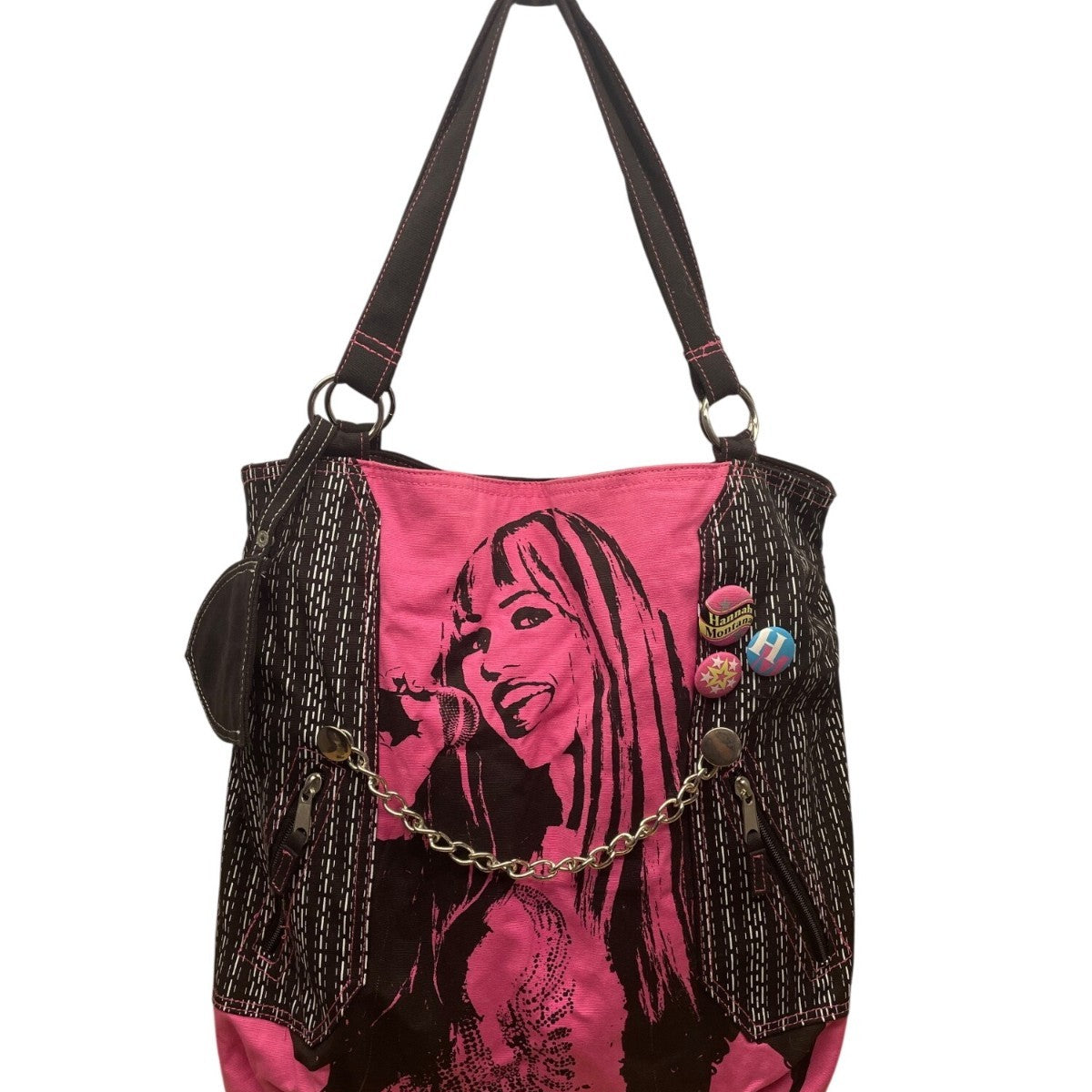 Disney Hannah Montana Pink & Black Tote Bag With Chain Detail & Buttons Graphic