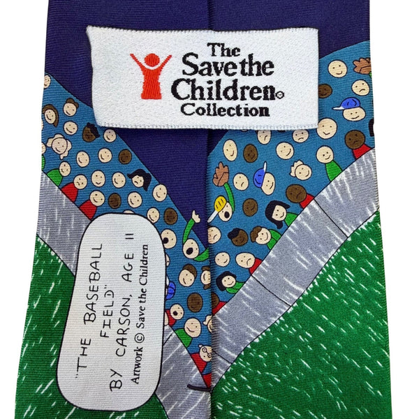 The Save The Children Mens Blue & Green Silk Baseball Print Tie Handmade Pattern