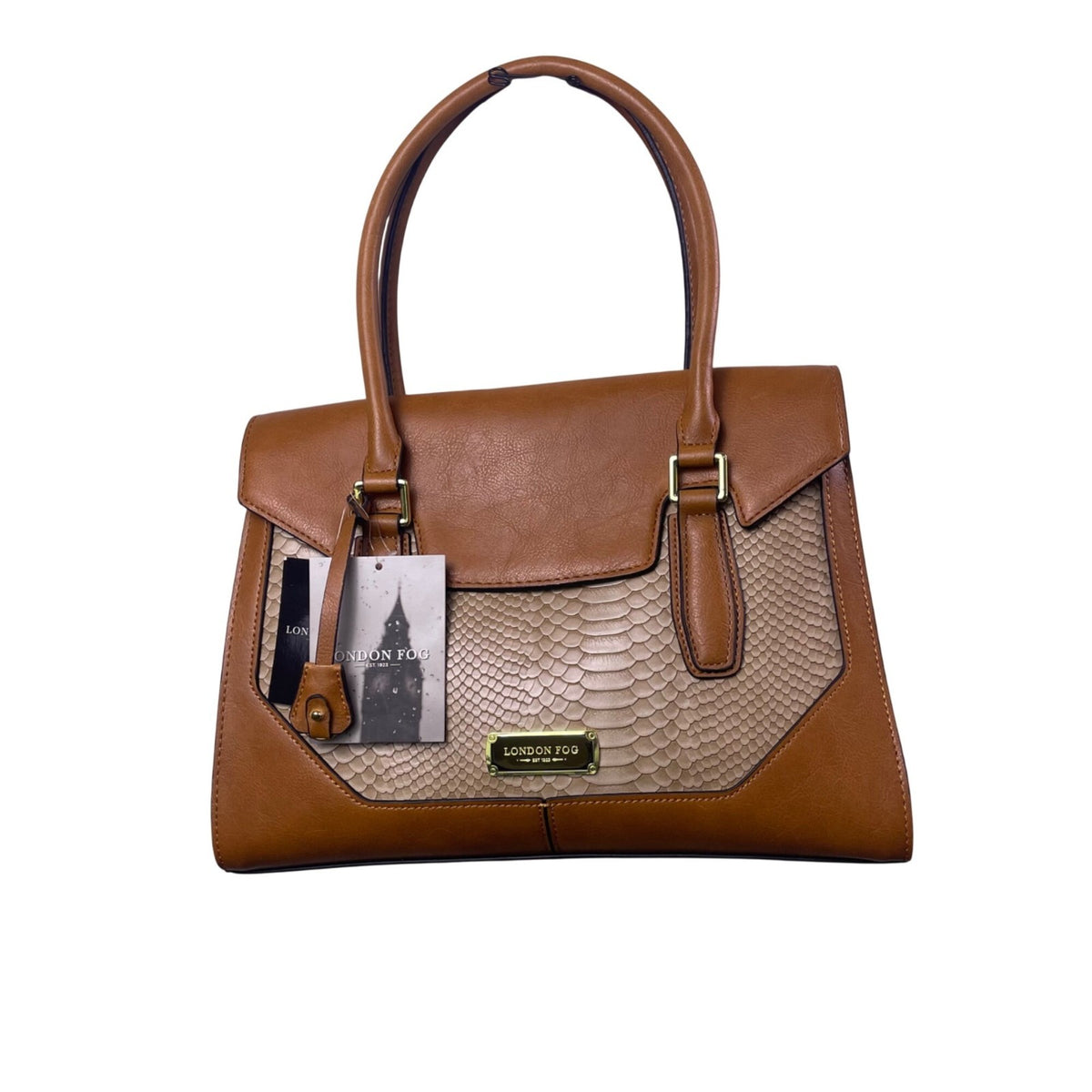 London Fog Women’s Brown Faux Leather Taupe Snake Print Tote Bag - New