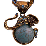 Blue & Gold Tone Elephant Pendant Necklace Braided Chain Design With Turquoise S