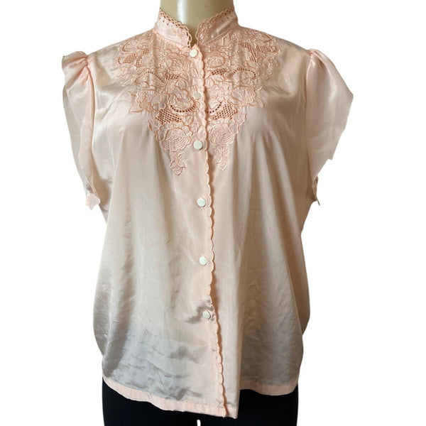 Vintage Mariane Womens Blouse With Lace Embroidery In Peach Satin Sz M/L