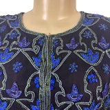 Laurence Kazar Womens Black & Blue Silk Beaded Floral Jacket Elegant Size M