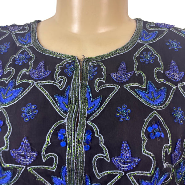 Laurence Kazar Womens Black & Blue Silk Beaded Floral Jacket Elegant Size M