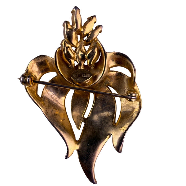 Vintage Schrager Womens Gold Tone & Pink Marquise Floral Brooch Jewelry
