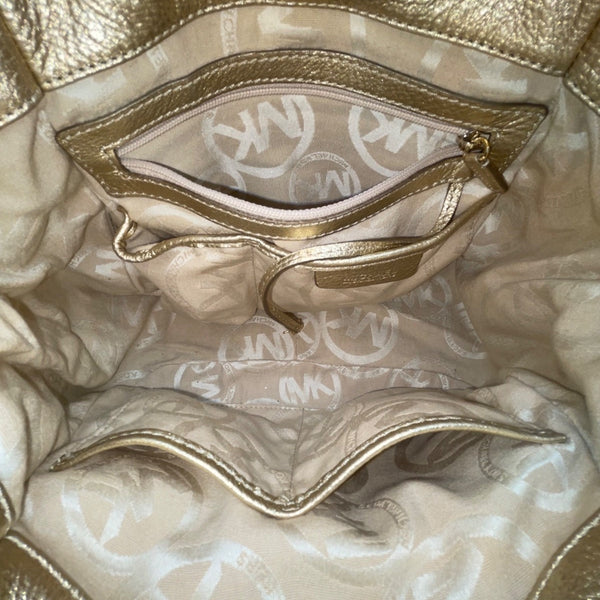 Michael Kors Women’s Gold Metallic Textured Leather Hobo Bag Logo Charm Accent