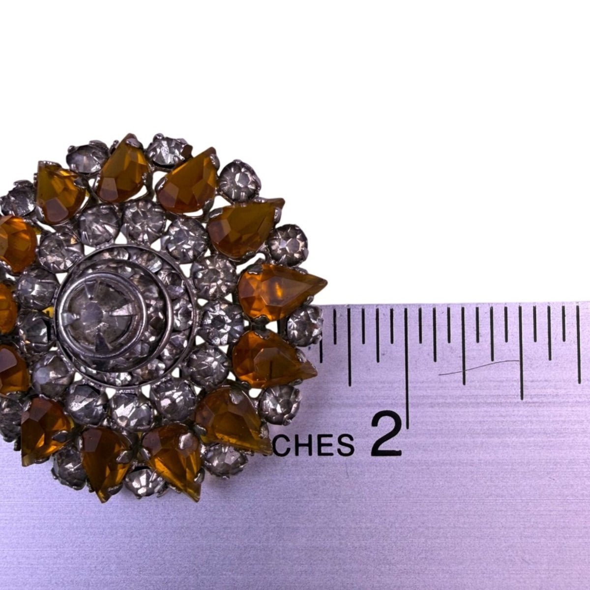Vintage  Silver Tone Amber Rhinestone Round Pin Brooch