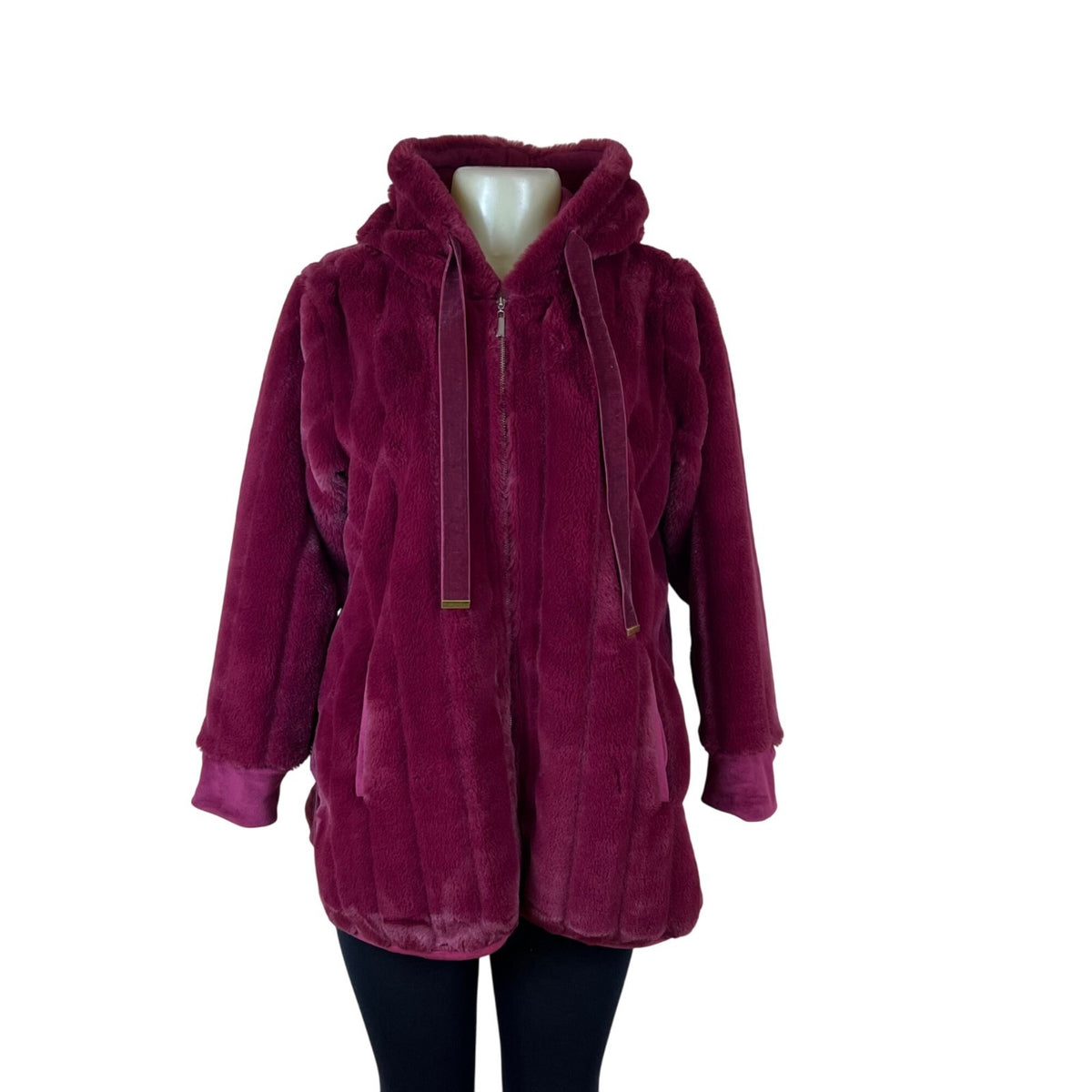 Soft Surroundings Women's Burgundy Faux Fur Hooded Jacket Full-Zip Pockets Sz SP