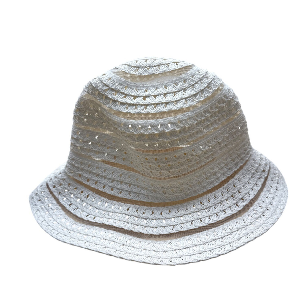 Nine West White Woven bucketHat With Openwork Design & Inner Ribbon Band