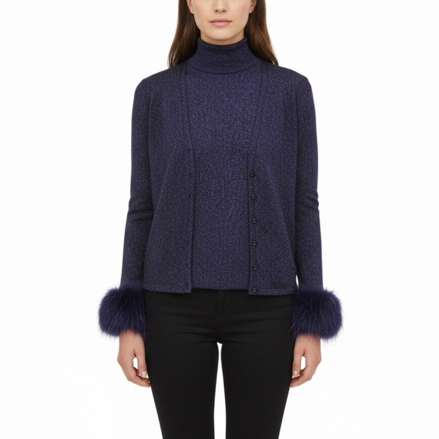 Escada Purple Frostfox Fur Cuff Glitter Set Turtleneck Vest Cardigan Sz 40