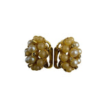 Gold Tone Clip-On Earrings With Faux Pearls & Rhinestones Cluster Design Vintage