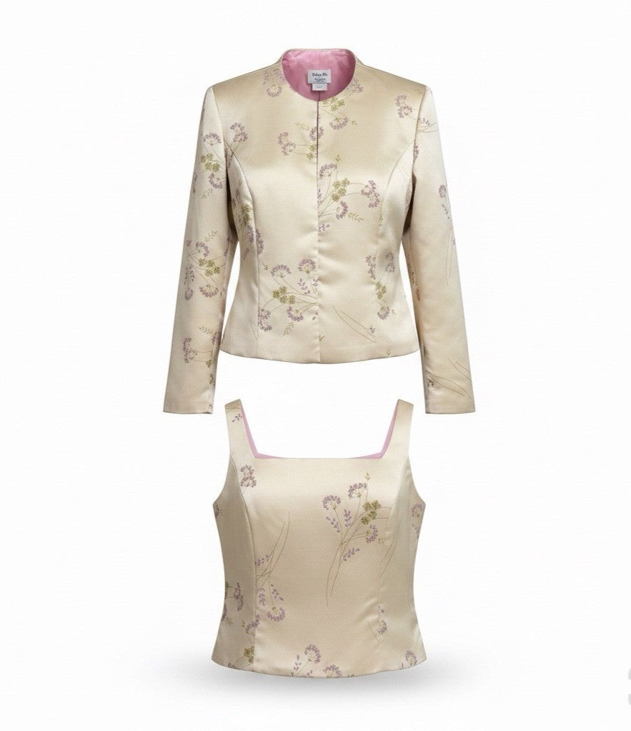 Jwffrey & Dara Womens Cream Satin Floral Jacket & Sleeveless Top Set Size 16