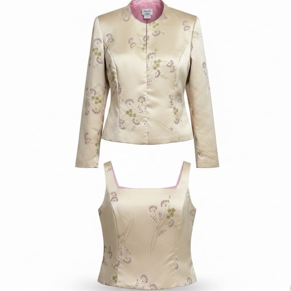 Jwffrey & Dara Womens Cream Satin Floral Jacket & Sleeveless Top Set Size 16