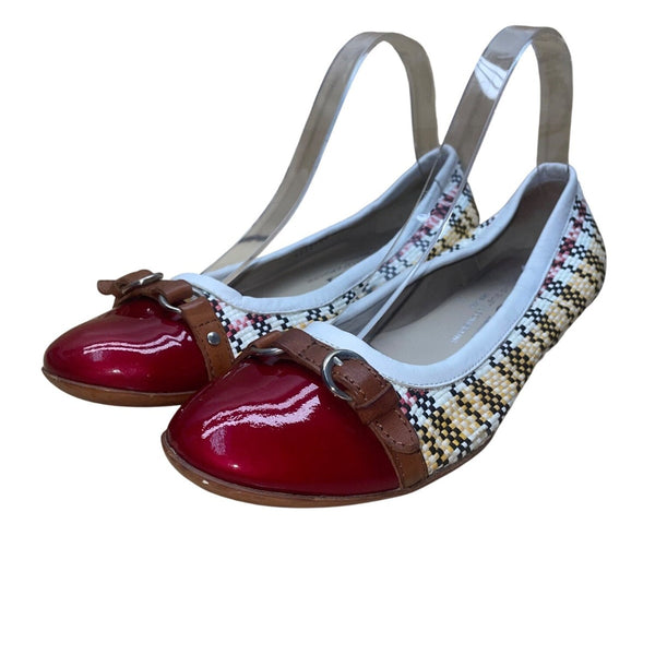 AGL Women’s White Multicolor Patterned Woven Leather Cap Toe Buckle Flats Sz 9US